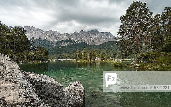 Woman swimming in the lake  view of Eibsee lake in front of Zugspitze massif with Zugspitze  cloudy  Wetterstein range  near Grainau  Upper Bavaria  Bavaria  Germany  Europe