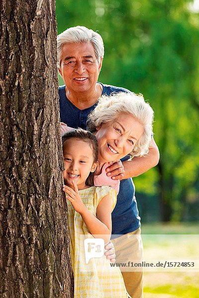 Older couples with a granddaughter picnic in the park