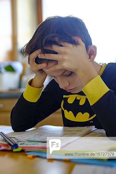 Boy  9 years  brooding over his homework  Germany  Europe