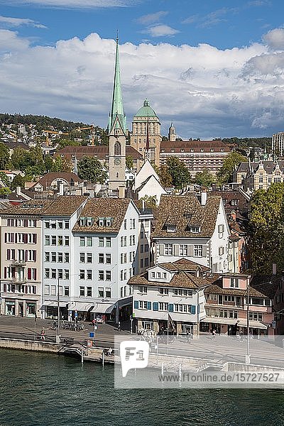 Old town with preacher church and university  in front Limmatquai and Limmat  Zurich  Switzerland  Europe