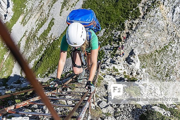 Mountaineer on a fixed rope route descends via ladder  Mittenwald via ferrata  Karwendel Mountains  Mittenwald  Germany  Europe