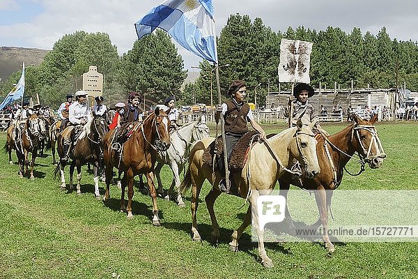 Riding children at the opening  Fiesta Nacional del Puestero  Junín de los Andes  Neuquén Province  Argentina  South America