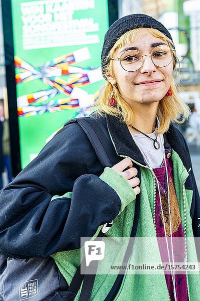 Rotterdam Netherlands. Portrait of Member of XR | Extinction Rebellion attending a protest against climate change and the inability of governments to take nessesary measures.
