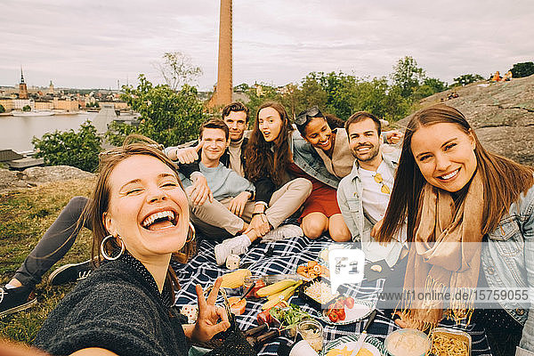 Porträt von Freundinnen und Freunden  die sich am Wochenende beim Picknick amüsieren