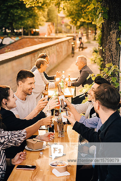 Glückliche männliche und weibliche Freunde trinken Bier  während sie im Garten sitzen