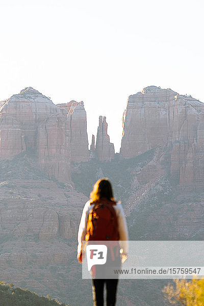 Backpacker admiring view  Cathedral Rock Sedona  Arizona  United States
