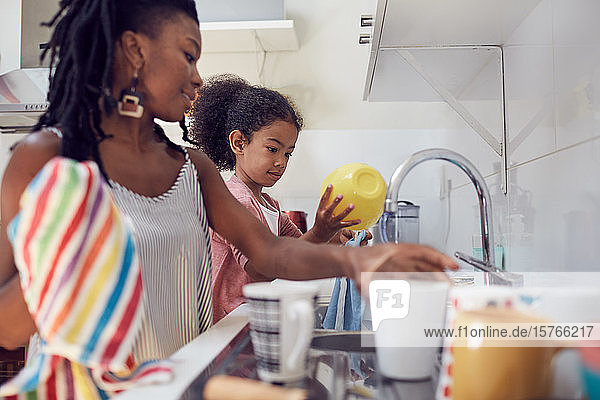 Mother and daughter washing dishes at kitchen sink