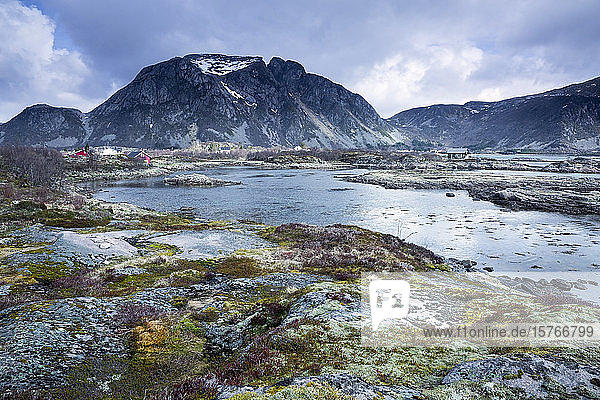 Tranquil scenic view mountains and inlet Landraget Lofoten Norway