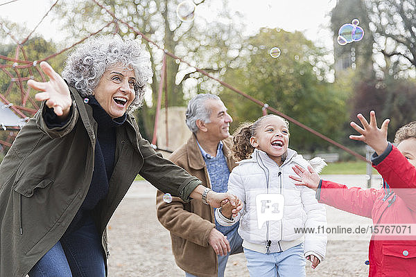 Playful grandparents and grandchildren playing with bubbles in park