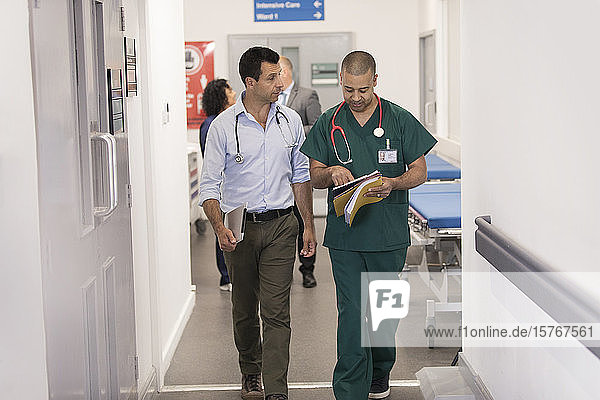 Male doctor and surgeon with medical chart  making rounds in hospital corridor