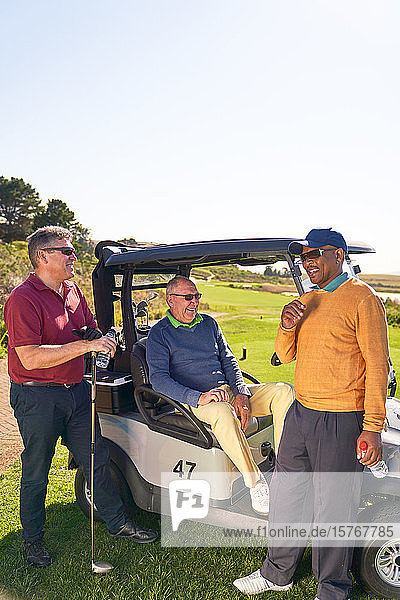 Männliche Golffreunde unterhalten sich am sonnigen Golfwagen