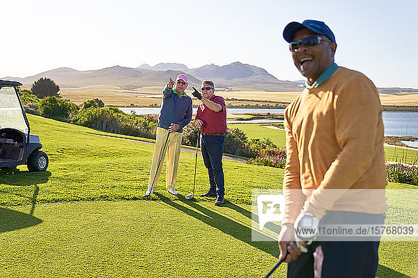 Männliche Golfer unterhalten sich auf einem sonnigen Golfplatz