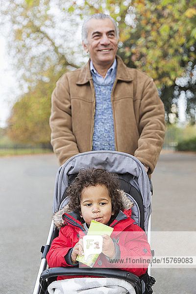Lächelnder Großvater  der seinen kleinen Enkel im Kinderwagen im Park schiebt
