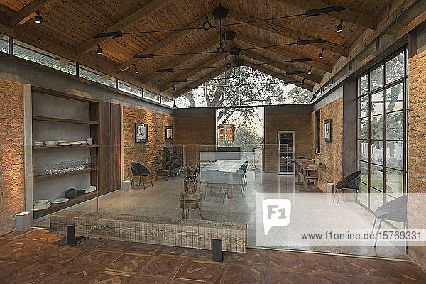 Home showcase interior with vaulted wood ceiling