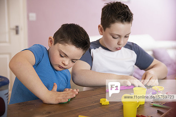 Junge mit Down-Syndrom und Bruder spielen