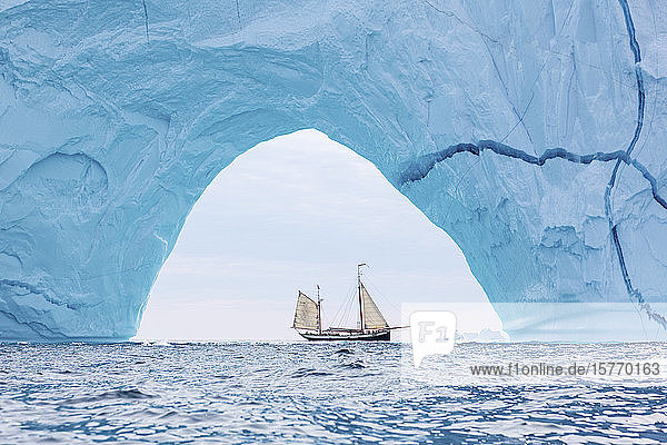 Schiff fährt durch den majestätischen Eisbergbogen Grönlands