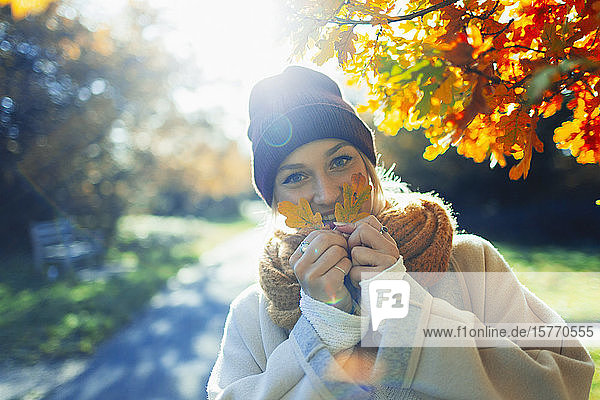 Porträt glückliche junge Frau hält Herbstblätter im sonnigen Park