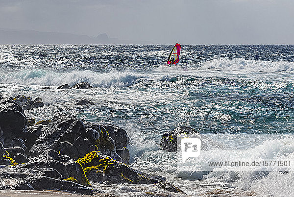 Windsurfer beim Surfen am Strand von Hookipa Beach; Paia  Maui  Hawaii  Vereinigte Staaten von Amerika