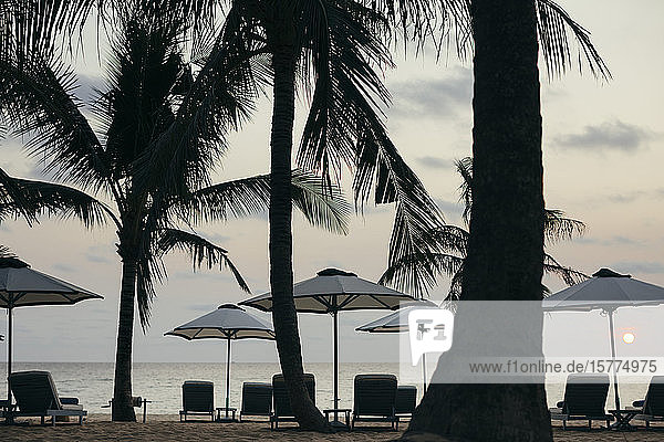 Strandschirme in einem Luxusresort auf einer tropischen Insel bei Sonnenuntergang.