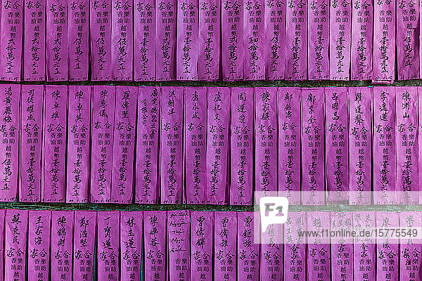 Nahaufnahme der violetten Schriftrollen in der Thien-Hau-Pagode in Ho-Chi-Minh-Stadt  Vietnam.