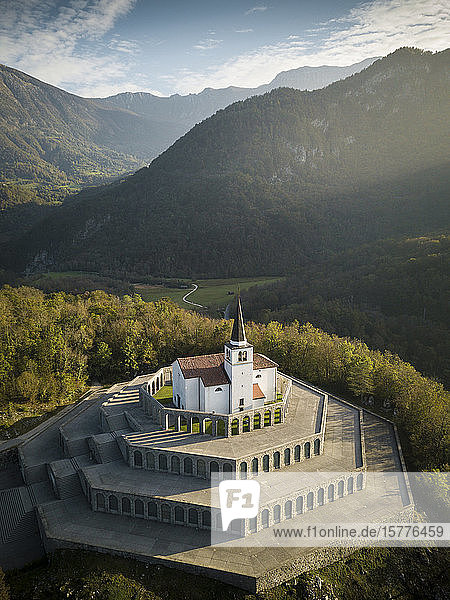 Aerial view by drone of St. Anthony's Sanctuary Caporetto Memorial Kobarid Goriska Slovenia Europe