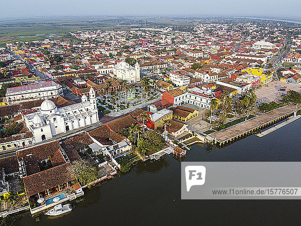 Aerial by drone of Tlacotalpan UNESCO World Heritage Site Veracruz Mexico North America