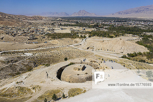 Aerial of the Takht-e Rostam stupa monastery complex  Afghanistan  Asia