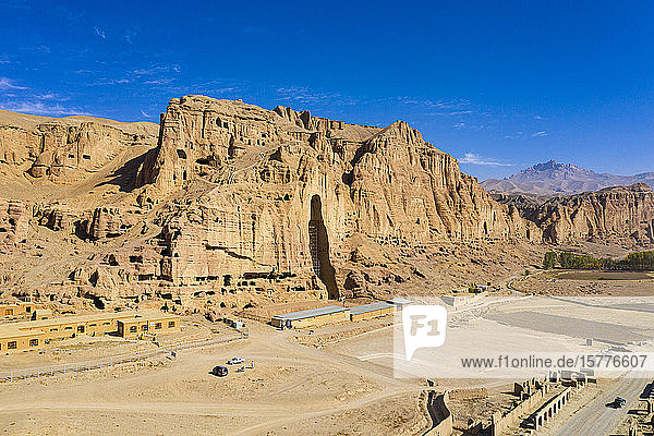 Aerial by drone of the site of the great Buddhas in Bamyan (Bamiyan)  taken in 2019  post destruction  Afghanistan  Asia