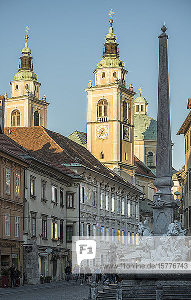 Obelisk and Fountain of the Carnia rivers and St. Nikolaus Church  Old Town  Ljubljana  Slovenia  Europe