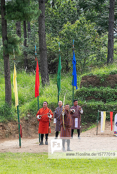 Men compete in an archery competition Bhutan's national sport Bhutan Asia