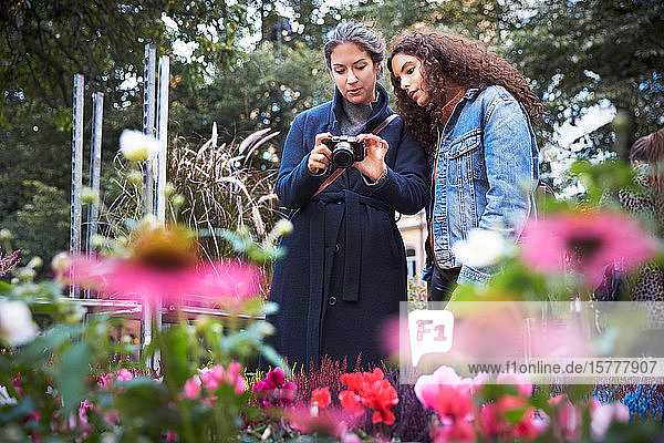 Lesbisches Paar fotografiert Blumen mit der Kamera  während es im Park steht