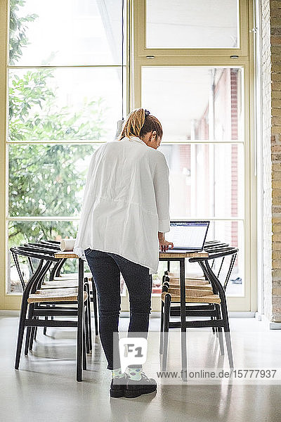 Rear view of female entrepreneur working over laptop at home