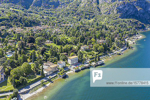 Buildings on peninsula by Lake Como in Lombardy Italy