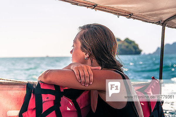 Woman enjoying boat ride  Tonsai  Krabi  Thailand
