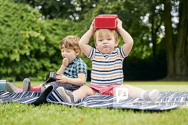 Brothers eating and playing on picnic blanket in park