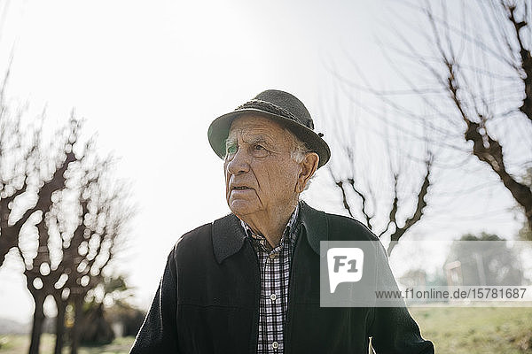 Old man walking in winter park portrait