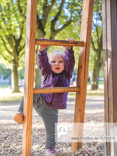 Portrait of toddler girl climbing on ladder at playground