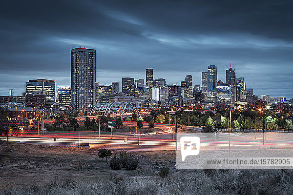 USA  Colorado  Denver  City skyline at dusk