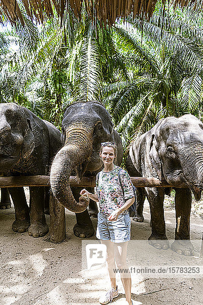 Porträt einer lächelnden Frau beim Füttern von Elefanten in einem Schutzgebiet  Krabi  Thailand