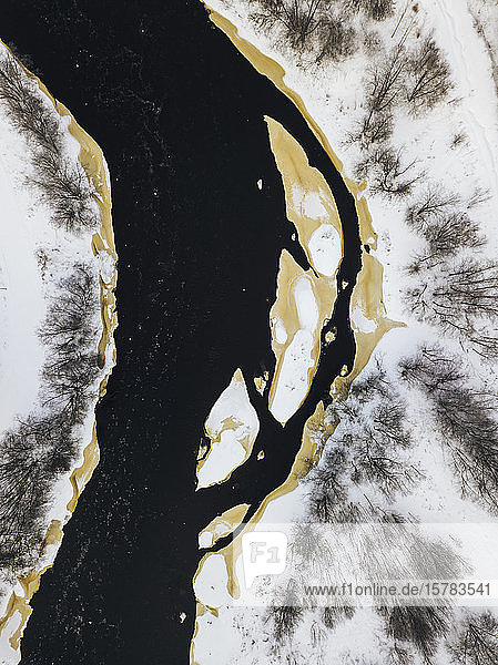 Russia Leningrad Region Tikhvin Aerial view of Tikhvinka river in Winter