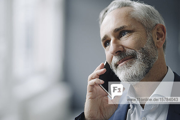 Porträt eines lächelnden reifen Geschäftsmannes am Telefon