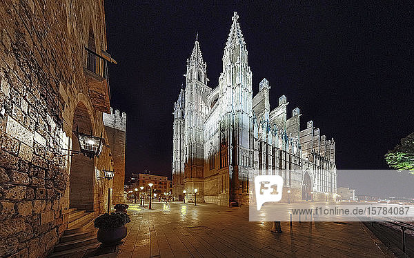 Spanien, Balearen, Palma de Mallorca, Kathedrale Santa Maria von Palma nachts beleuchtet