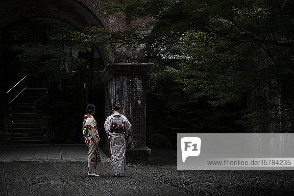 Japan  Kyoto  Rückansicht von zwei Frauen in Kimono