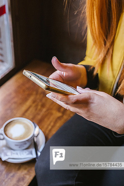 Schnittbild einer jungen Frau  die ein Smartphone in einem Café benutzt