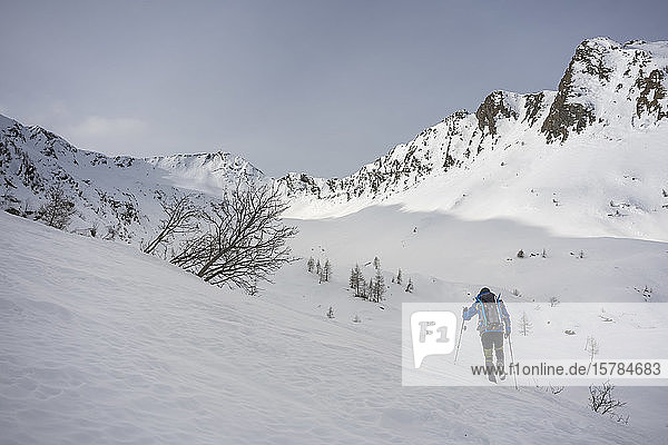 Man on an excursion in snowy mountains  Lombardy  Valtellina  Italy