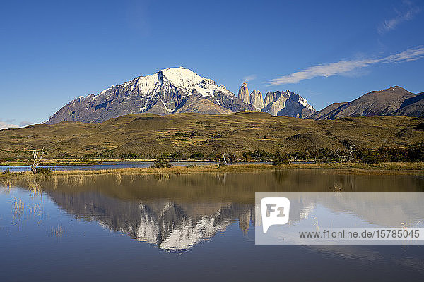 Chile  Ultima Esperanza Province  Torres del Paine reflecting in alpine lake