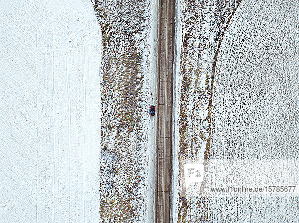 Russia Moscow region Aerial view of car in Winter landscape