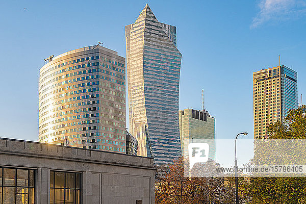 View to modern skyscrapers with Palace of Culture and Science in the foreground  Warsaw  Poland