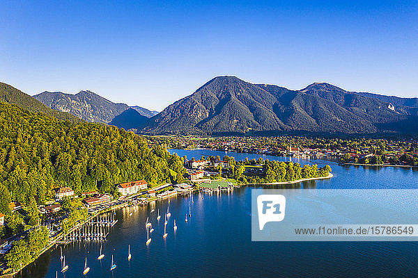 Germany  Bavaria  Rottach-Egern  Aerial view of clear sky over lakeshore town
