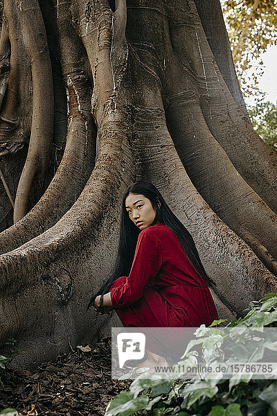 Schöne junge Frau in einem roten Kleid  die an einem Baum mit großen Wurzeln kauert